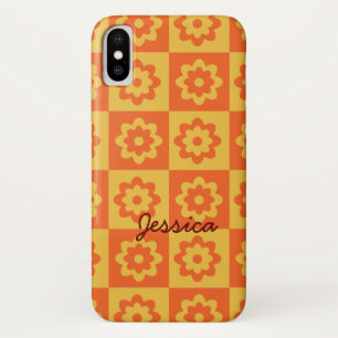 Retro-Blumen auf gelb-orangen Schachbrettmuster - Case-Mate iPhone Hülle