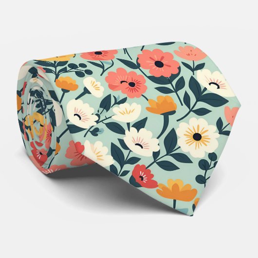 Retro-Blumen auf Grün Krawatte (Gerollt)