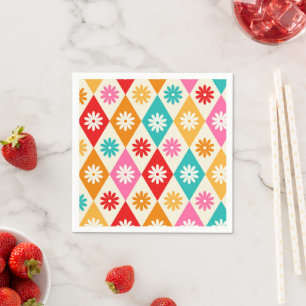 Retro-Blumen auf Mid-Century-Diamanten-Muster Serviette