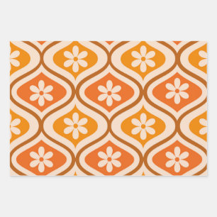 Retro-Blumen auf orangefarbenem und bernsteinfarbe Geschenkpapier Set