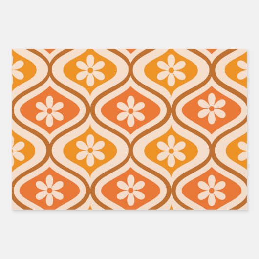 Retro-Blumen auf orangefarbenem und bernsteinfarbe Geschenkpapier Set (Vorderseite)