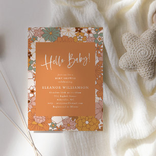 Retro-Blumen-Baby-Party in warmem Orange, vintage Einladung