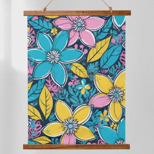 Retro-Blumen Bunt Natur Boho Wandteppich Mit Holzrahmen