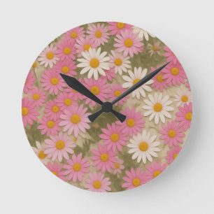 Retro-Blumen-Daisy-Muster Ästhetisches Design Runde Wanduhr
