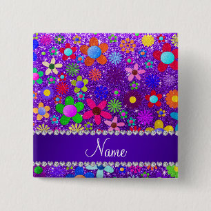 Retro Blumen des NamensGlitters des indigos lila Button