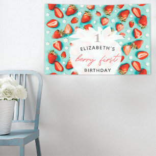 Retro-Blumen-Erdbeere Erste Erdbeere Geburtstag Banner