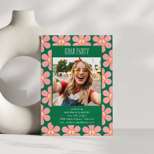 Retro-Blumen-Frieden-Rosa-Grüne-Abschlussfeier-Fot Einladung