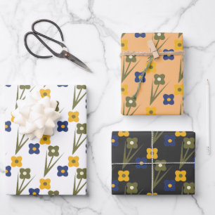 Retro-Blumen Gelb Blau Gartenmuster Geschenkpapier Set