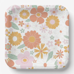Retro-Blumen- groovy Geburtstag Pappteller