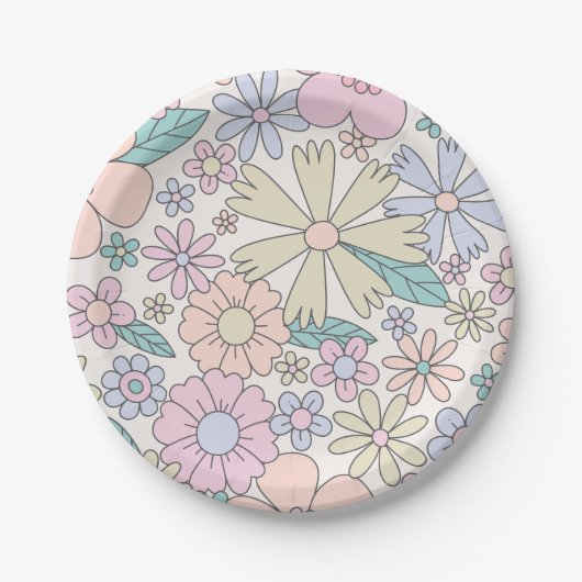 Retro-Blumen- groovy Geburtstag Pappteller (Vorderseite)