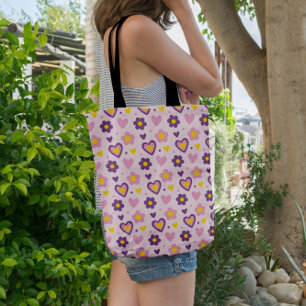 Retro-Blumen-Herzen-Muster Rosa, Lila, Gelb Tasche