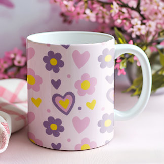 Retro-Blumen-Herzen-Muster Rosa, Lila, Gelb Tasse