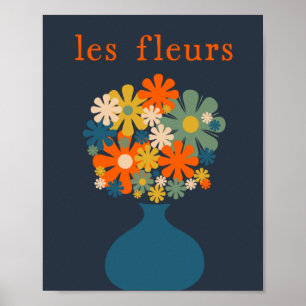 Retro-Blumen in Vasen-Blau-Orange Poster
