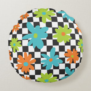Retro-Blumen-Karo-Gitter-Muster Rundes Kissen