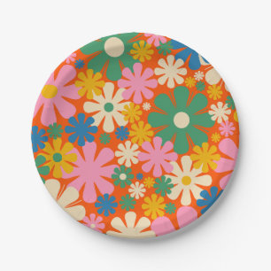Retro-Blumen Mehrfarbig 60er 70er Floralmuster Pappteller
