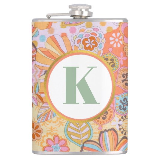 Retro-Blumen-Monogramm Groovy-Muster Flachmann (Vorderseite)