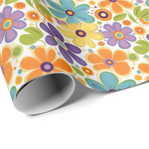 Retro-Blumen Orange Flieder und Grün Geschenkpapier