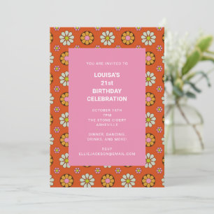 Retro-Blumen-Orange-Rosa 21. Geburtstagsfeier Einladung