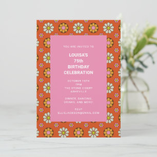 Retro-Blumen-Orange-Rosa 75. Geburtstagsfeier Einladung