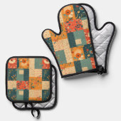 Retro-Blumen-Patchwork-Decke Ofenhandschuh & Topflappen-Set (Vorderseite/Rückseite)