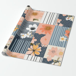 Retro-Blumen-Patchwork in Rosa und Blau Geschenkpapier