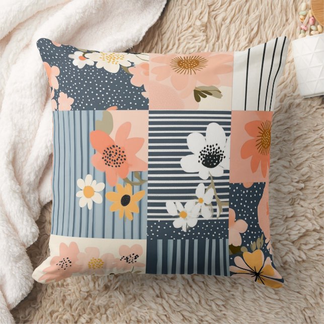 Retro-Blumen-Patchwork in Rosa und Blau Kissen (Decke)
