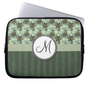 Retro Blumen-Seegrün mit Streifen und Monogramm Laptopschutzhülle