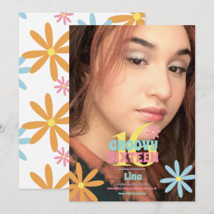 Retro-Blumen süße 16. Geburtstagsfeier Foto Einladung