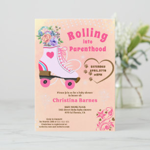 Retro Blumen Teal-Rollschuh Boho-Babyparty Einladung