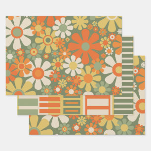 Retro-Blumen- und geometrische Muster der 60er und Geschenkpapier Set