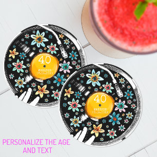 Retro-Blumen-Vinyl-Schallplatte Design Geburtstag Runder Pappuntersetzer