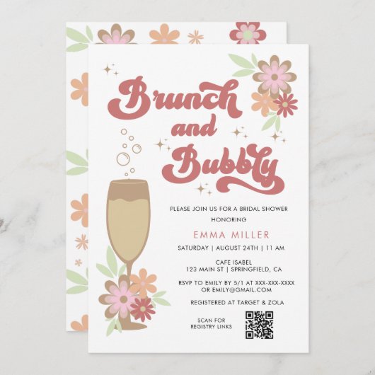 Retro-Blumenbrunch und Bubbly-Brautparty Einladung (Vorne/Hinten)