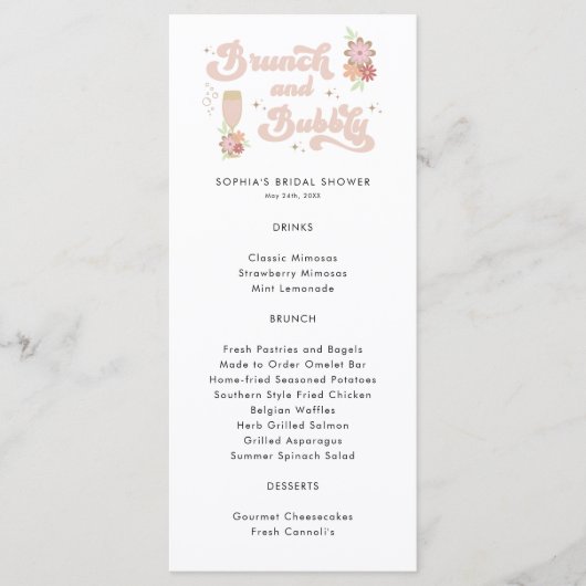 Retro-Blumenbrunch und Bubbly-Brautparty Menükarte (Vorderseite)