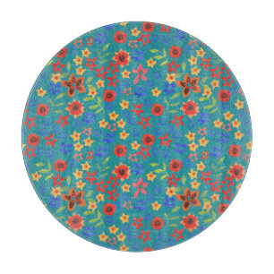 Retro-Blumendruck auf Aquamarinem Glasfaser Schneidebrett