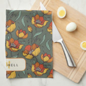 Retro Blumengrün Gold Orange Personalisiert Geschirrtuch (Viertel Falte)