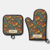 Retro Blumengrün Gold Orange Personalisiert Ofenhandschuh & Topflappen-Set (Vorderseite)