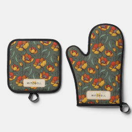 Retro Blumengrün Gold Orange Personalisiert Ofenhandschuh & Topflappen-Set