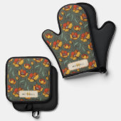 Retro Blumengrün Gold Orange Personalisiert Ofenhandschuh & Topflappen-Set (Vorderseite/Rückseite)