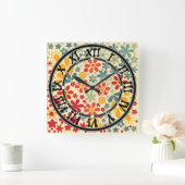 Retro. Blumenmotive Quadratische Wanduhr (Zuhause)