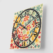 Retro. Blumenmotive Quadratische Wanduhr (Winkel)
