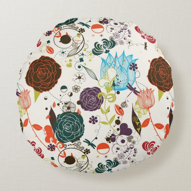Retro Blumenmuster 2 Rundes Kissen (Vorderseite)