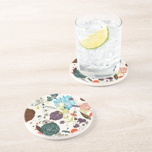 Retro Blumenmuster 2 Sandstein Untersetzer (Seite)