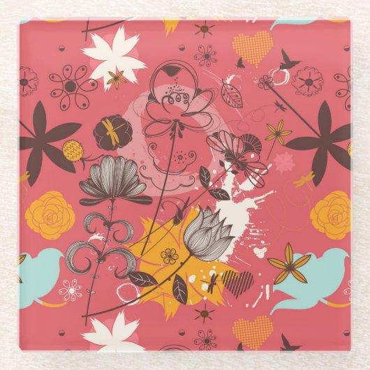 Retro Blumenmuster 4 Glasuntersetzer (Vorderseite)