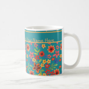 Retro-Blumenmuster auf Türkis personalisierbarer K Kaffeetasse