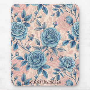 Retro-Blumenmuster Blaue Rose auf weichem rosa Hin Mousepad