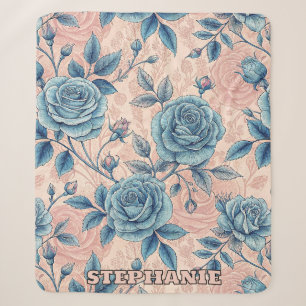 Retro-Blumenmuster Blaue Rose auf weichem rosa Hin Sherpadecke