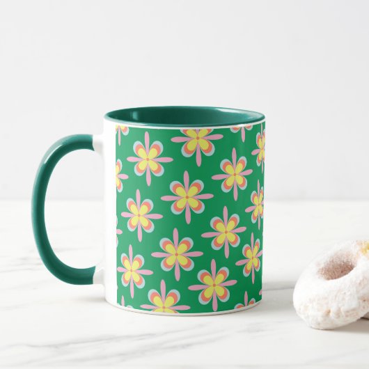 Retro-Blumenmuster Farbige Frühlingsblumen-Design Tasse (Mit Donut)