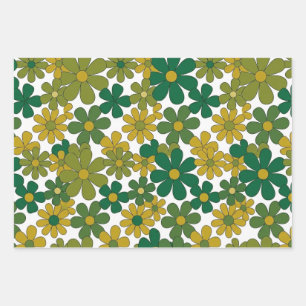 Retro-Blumenmuster Hippie-Salbei & Gold-Geschenkpa Geschenkpapier Set