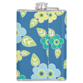 Retro-Blumenmuster in Blau Flachmann (Rückseite)