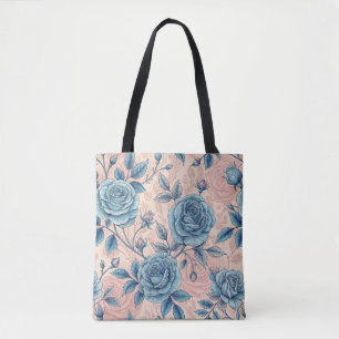 Retro-Blumenmuster in Blautönen auf weichem rosa H Tasche